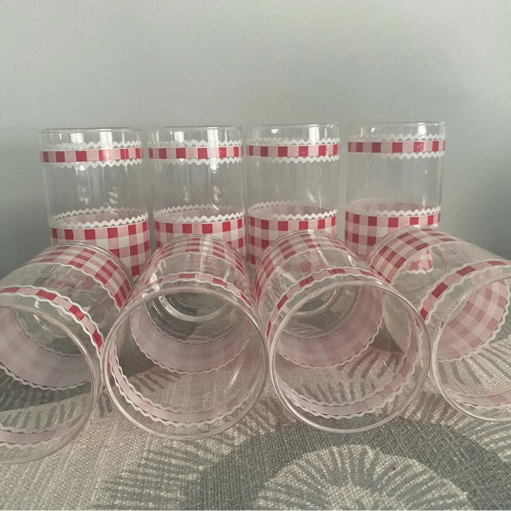 Libbey Red Gingham Pattern Tumblers Farmhouse Cottage Core 12 oz Set of 8